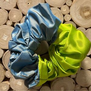 Lele Sadoughi metallic lime green and blue scrunchie